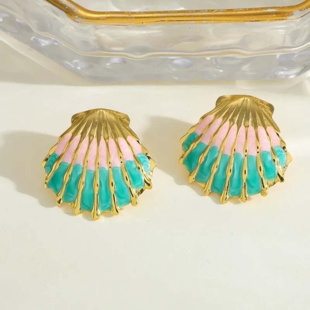 Shell Stud Earrings OS Gold Pink Teal Coastal Mermaidcore Beach Summer Boho